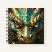 ターコイズとゴールドのドラゴンの顔 ノートブック (正面)