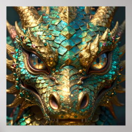 ターコイズとゴールドのドラゴンの顔 ポスター