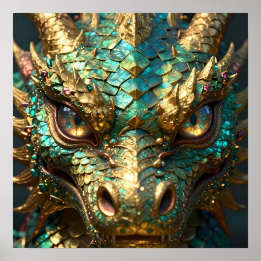 ターコイズとゴールドのドラゴンの顔 ポスター (正面)