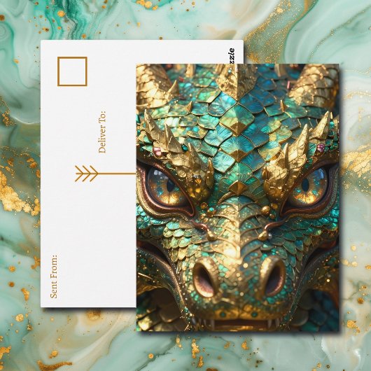 ターコイズとゴールドのドラゴン | 連絡を取り合おう ポストカード