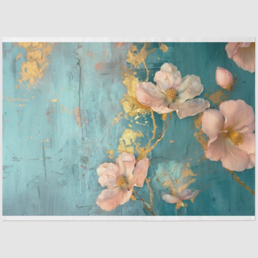 ターコイズとゴールドのフラッシュ フラワーのティッシュペーパー 薄葉紙 (正面)