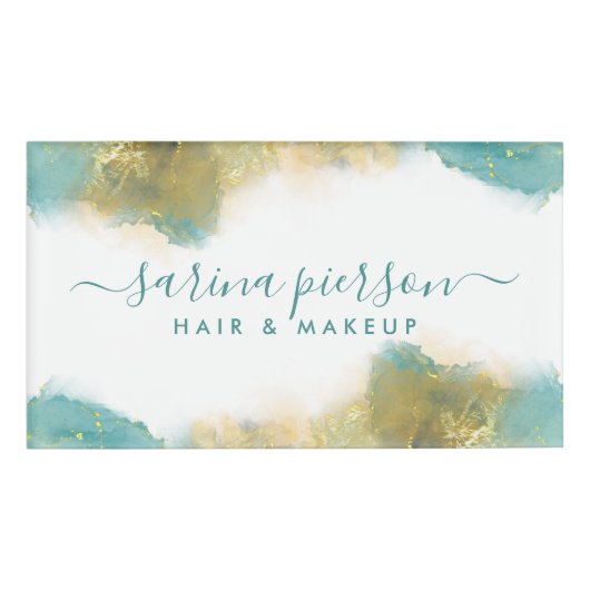 ターコイズとゴールドのモダンアート液体水彩インク 名札 (正面)