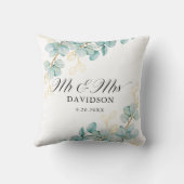 ターコイズとゴールドのユーカリ　新婚夫婦 エレガント スクリプト クッション (裏面)