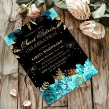 ターコイズとゴールドのローズ フラワースイート16招待状