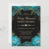 ターコイズとゴールドのローズ フラワースイート16 招待状 (正面)