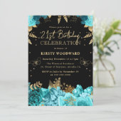 ターコイズとゴールドのローズ フラワーデザイン 21歳の誕生日 招待状 (スタンド正面)