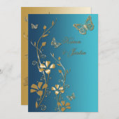 ターコイズとゴールドの花と蝶の招待状 招待状 (正面/裏面)