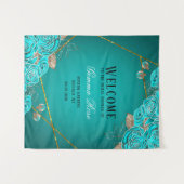 ターコイズとゴールドの花のウェディングシャワーのお出迎え タペストリー (正面(横))