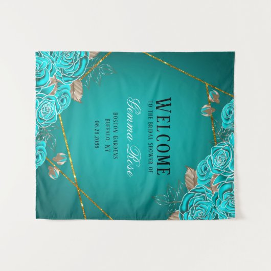 ターコイズとゴールドの花のウェディングシャワーのお出迎え タペストリー (正面(横))