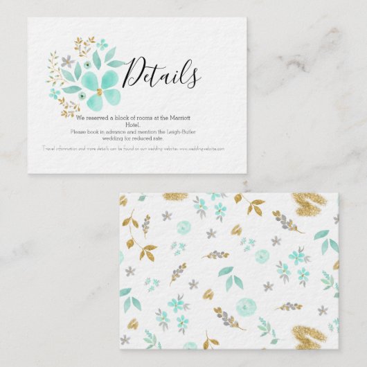 ターコイズとゴールドの花のウェディング詳細カード エンクロージャーカード (正面/裏面)