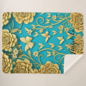 ターコイズとゴールドの花の名前カスタマイズ シェルパブランケット (正面(横))