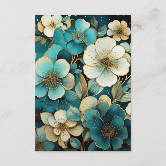 ターコイズとゴールドの花柄の結婚式ゲスト詳細 エンクロージャーカード (裏面)