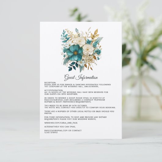 ターコイズとゴールドの花柄の結婚式ゲスト詳細 エンクロージャーカード (スタンド正面)