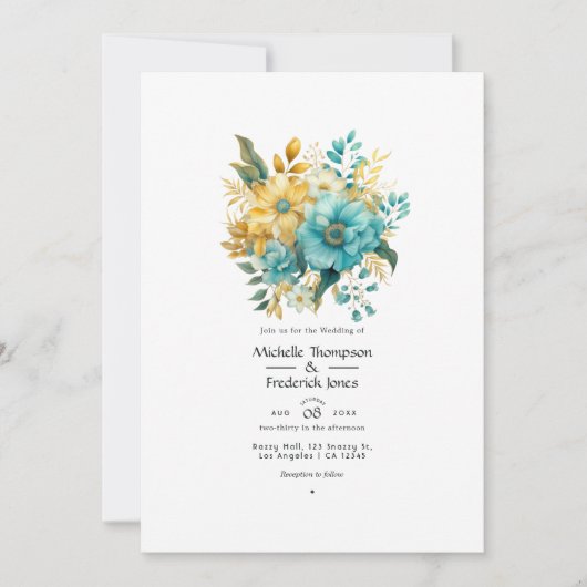 ターコイズとゴールドの花柄ウェディング 招待状 (正面)