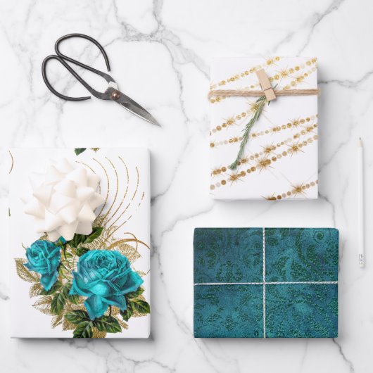 ターコイズとゴールドの花柄ラッピングシート ラッピングペーパーシート (正面)