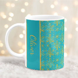 ターコイズとゴールドの雪の結晶 クリスマス マグ