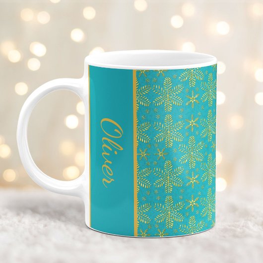 ターコイズとゴールドの雪の結晶 クリスマス マグ