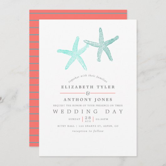 ターコイズとサンゴをテーマにしたビーチ結婚式 招待状 (正面/裏面)