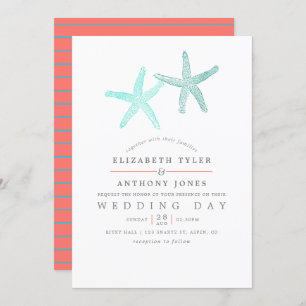 ターコイズとサンゴをテーマにしたビーチ結婚式 招待状