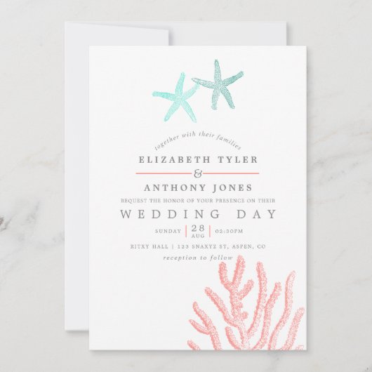 ターコイズとサンゴをテーマにしたビーチ結婚式 招待状 (正面)