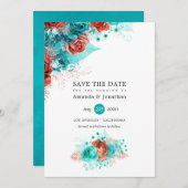 ターコイズとサンゴグリッターフローラ結婚ズ セーブザデート (正面/裏面)