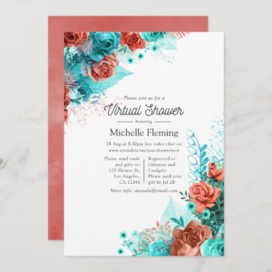 ターコイズとサンゴフローラバーチャルベビーシャワー 招待状 (正面/裏面)