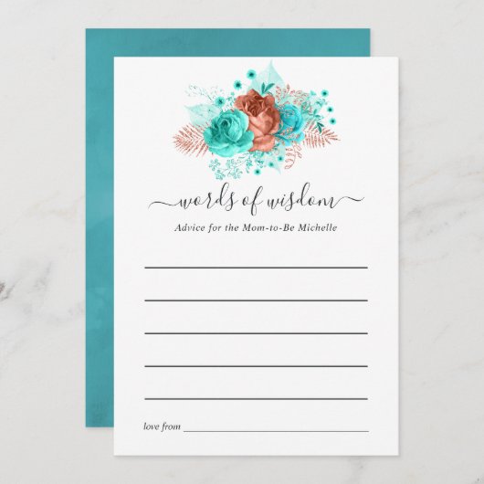 ターコイズとサンゴ素朴フローラ赤ちゃんシャワー アドバイスカード (正面/裏面)