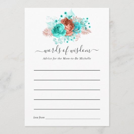 ターコイズとサンゴ素朴フローラ赤ちゃんシャワー アドバイスカード (正面)