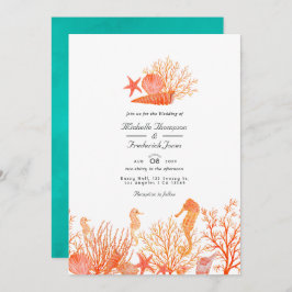 ターコイズとサンゴQRコードRSVPビーチ結婚式 招待状
