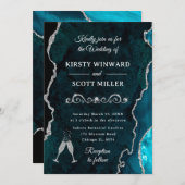 ターコイズとシルバーのグリッターアゲート＆大理石のウェディング 招待状 (正面/裏面)