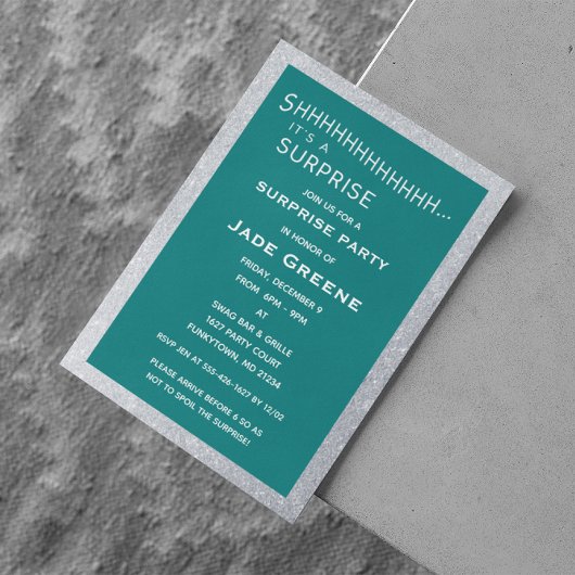 ターコイズとシルバーのグリッターサプライズパーティーの誕生日 招待状