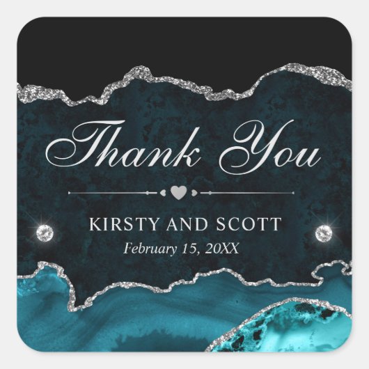 ターコイズとシルバーのグリッター大理石の結婚式 スクエアシール (正面)