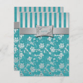 ターコイズとシルバーの花の蔦のデザインの出欠確認カード 出欠カード (正面/裏面)