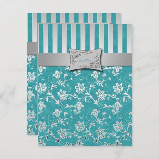 ターコイズとシルバーの花の蔦のデザインの出欠確認カード 出欠カード (正面/裏面)