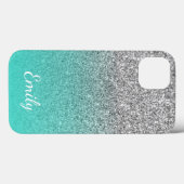 ターコイズとシルバーグリッターグラデーションの名入れデザイン Case-Mate iPhoneケース (裏面 (横))
