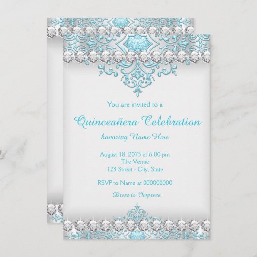 ターコイズとシルバーダイヤモンドキンセアニェラ 招待状 (正面/裏面)