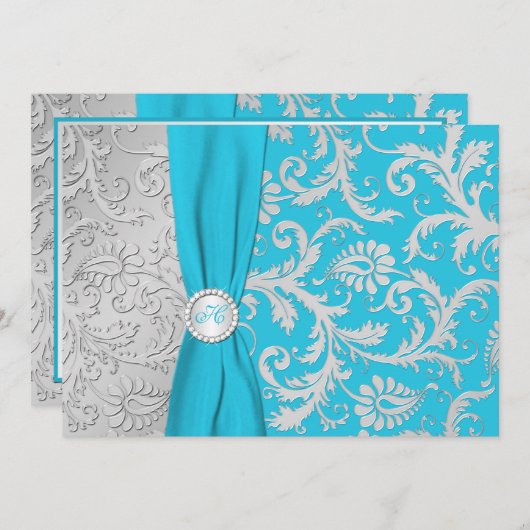 ターコイズとシルバーダマスクウェディング招待状 招待状 (正面/裏面)
