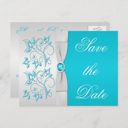 ターコイズとシルバーフローラ保存日付 案内ポストカード (正面/裏面)