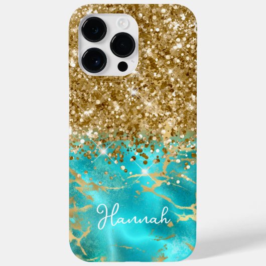 ターコイズとスパンコールのゴールド グラム パーソナライズ Case-Mate iPhoneケース (裏面)