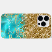 ターコイズとスパンコールのゴールド グラム パーソナライズ Case-Mate iPhoneケース (裏面 (横))
