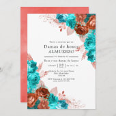 ターコイズとスペインのコーラルブリデスメイドランチョン 招待状 (正面/裏面)