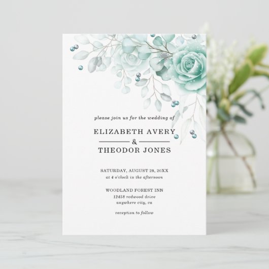 ターコイズとセージ緑のフローラ結婚の投資 招待状 (スタンド正面)