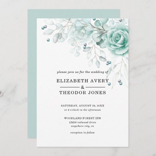 ターコイズとセージ緑のフローラ結婚の投資 招待状 (正面/裏面)