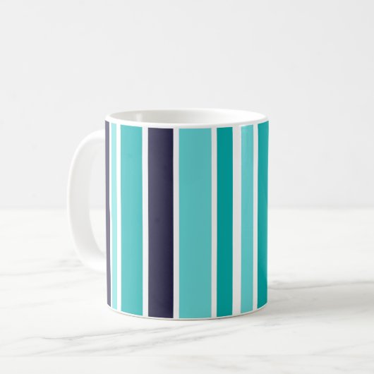 ターコイズとダークブルーストライプの コーヒーマグカップ (正面左)