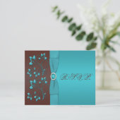 ターコイズとチョコレート ブラウンの花柄返信カード 出欠カード (スタンド正面)