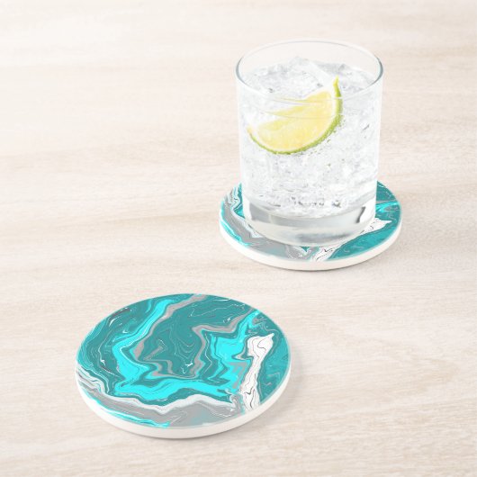 ターコイズとティール(緑がかった色)マーブルフルードアート コースター (側面)
