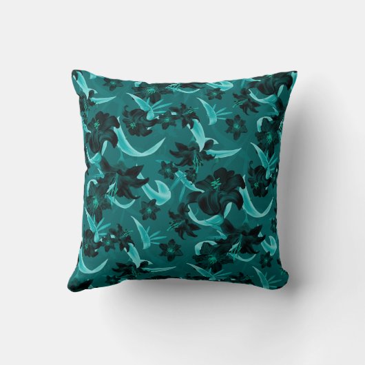 ターコイズとティール(緑がかった色)モダンフローラ |ユリの花 クッション (裏面)