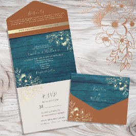 ターコイズとテラコッタのウェディング オールインワン招待状
