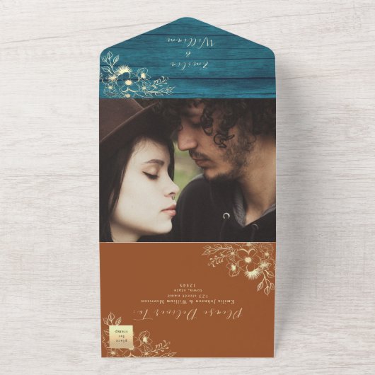 ターコイズとテラコッタのウェディング オールインワン招待状 (外側)