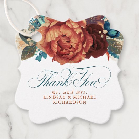 ターコイズとテラコッタの花のウェディングサンクス フェイバータグ (正面)
